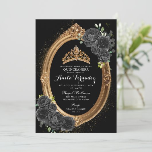Elegante Black and Gold Quinceanera Einladung (Stehend Vorderseite)