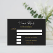 Elegante Black and Gold Response RSVP Karte (Stehend Vorderseite)
