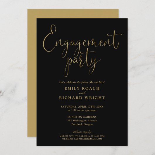 Elegante Black and Gold Script Engagement Party Einladung (Vorne/Hinten)