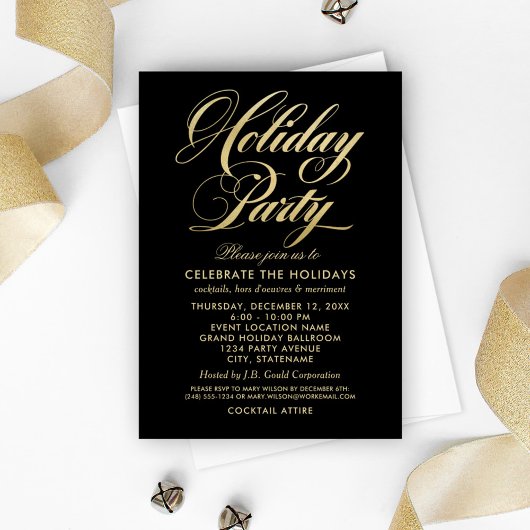 Elegante Black and Gold Script Feiertage Party Einladung