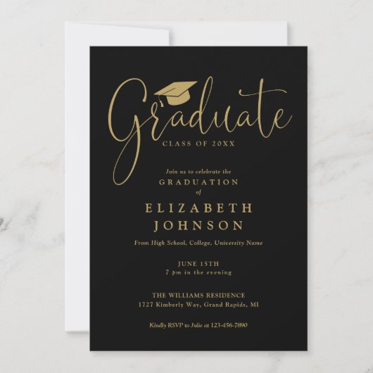 Elegante Black and Gold Script Graduation Party Einladung (Vorderseite)