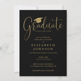 Elegante Black and Gold Script Graduation Party Einladung