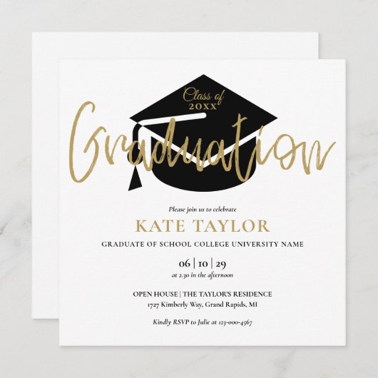 Elegante Black and Gold Script Graduation Party Einladung (Vorne/Hinten)