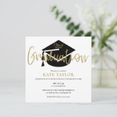 Elegante Black and Gold Script Graduation Party Einladung (Stehend Vorderseite)