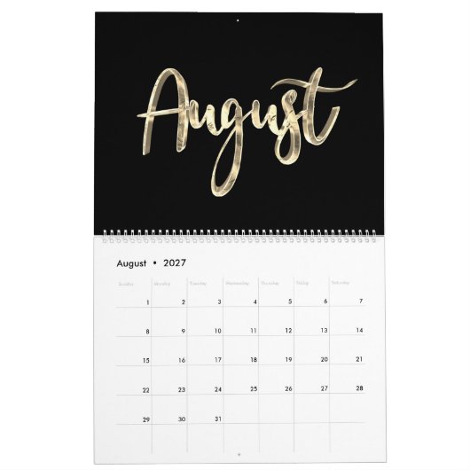Elegante Black and Gold Script Typografie Moderne Kalender (Aug 2027)
