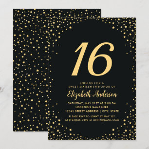 Elegante Black and Gold Stars Sweet 16 Geburtstag Einladung