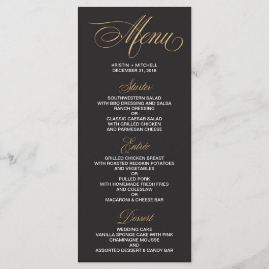 Elegante Black and Gold Wedding Menu Karte (Vorderseite)
