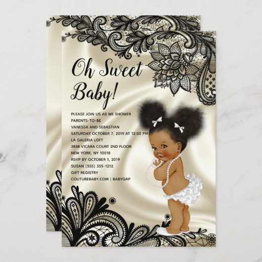 Elegante Black and Ivory Baby Shower Afro Puffs Einladung (Vorne/Hinten)