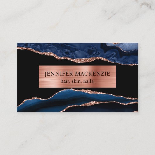 Elegante Black and Navy Blue Rose Gold Agate Luxur Visitenkarte (Vorderseite)