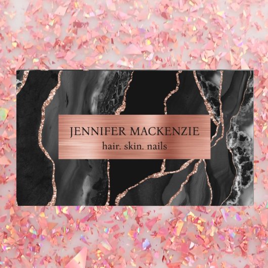 Elegante Black and Rose Gold Agate Luxus Visitenkarte