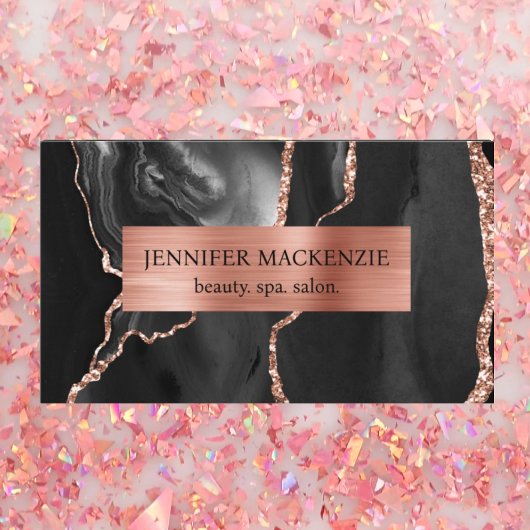 Elegante Black and Rose Gold Agate Luxus Visitenkarte