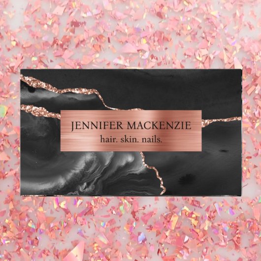 Elegante Black and Rose Gold Agate Luxus Visitenkarte