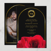 Elegante Black and Rote Rose Gold Laurel Initials Einladung (Vorne/Hinten)