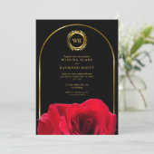 Elegante Black and Rote Rose Gold Laurel Initials Einladung (Stehend Vorderseite)