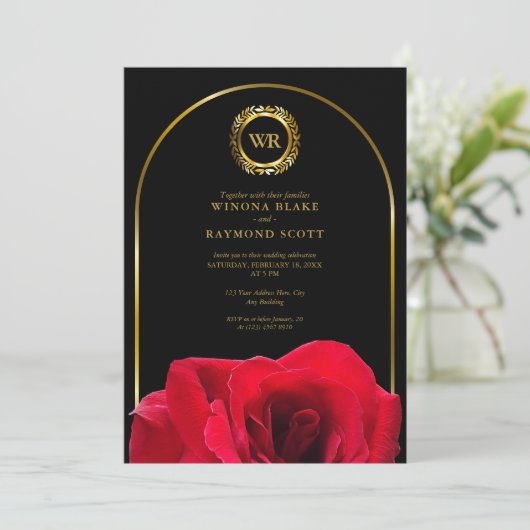 Elegante Black and Rote Rose Gold Laurel Initials Einladung (Stehend Vorderseite)