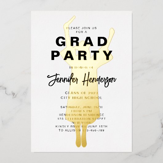 Elegante Black and White Graduation Party Gold Folieneinladung (Vorderseite)