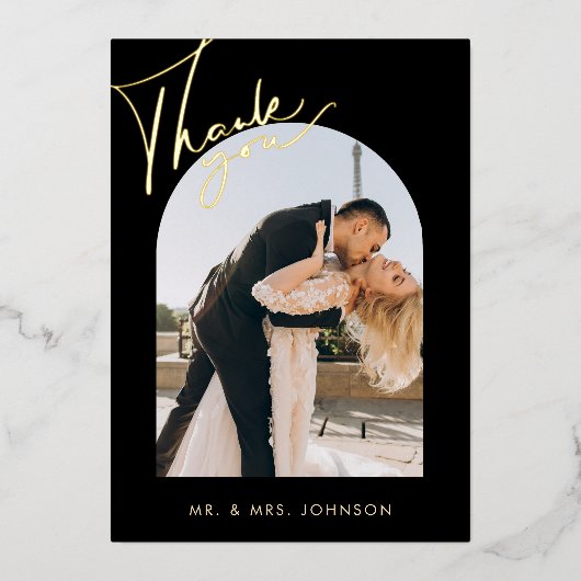 Elegante Black Arch Script Wedding Dankeschön Card Folieneinladung (Vorderseite)