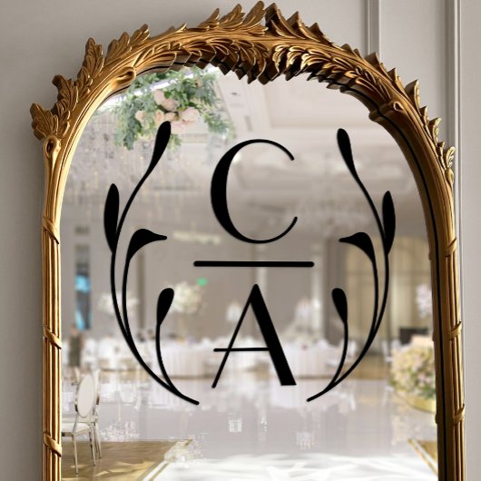 Elegante Black Art Deco Monogram Wreath Wedding Fensteraufkleber