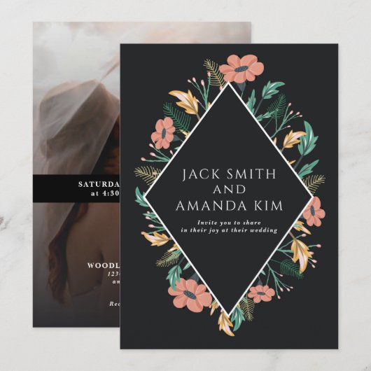 Elegante Black Blooming Blume Einladungen für Hoch (Vorne/Hinten)