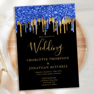Elegante Black Blue Gold Glitzer Tropfen Hochzeit Einladung