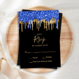 Elegante Black Blue Gold Glitzer Tropfen Hochzeit RSVP Karte