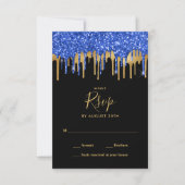 Elegante Black Blue Gold Glitzer Tropfen Hochzeit RSVP Karte (Vorderseite)