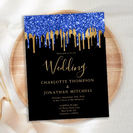Elegante Black Blue Gold Glitzer Tropfen Wedding C Postkarte