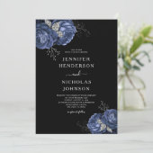Elegante Black Blue Peonies Wedding Einladung (Stehend Vorderseite)