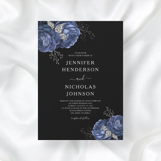 Elegante Black Blue Peonies Wedding Einladung