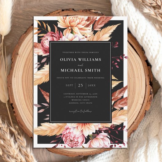 Elegante Black Boho Chic Floral Wedding Einladung