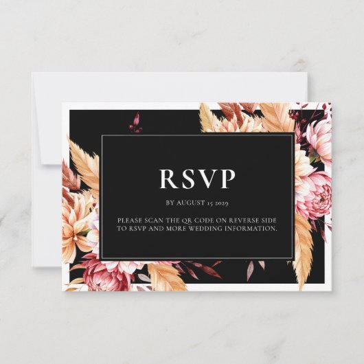 Elegante Black Boho Chic Floral Wedding RSVP Karte (Vorderseite)