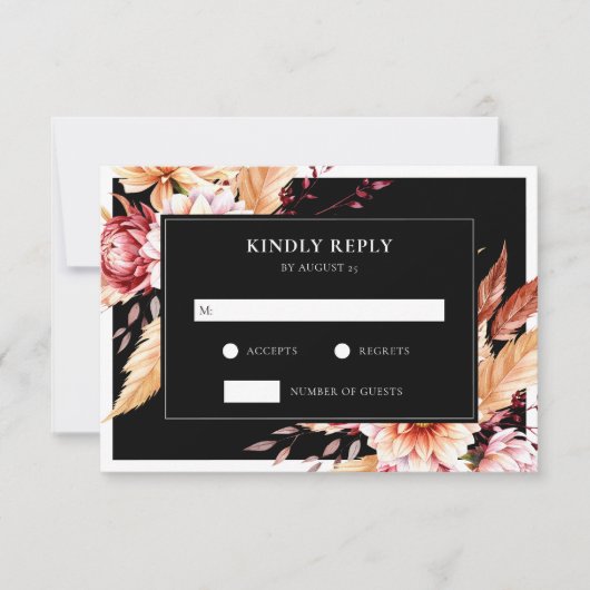 Elegante Black Boho Chic Floral Wedding RSVP Karte (Vorderseite)