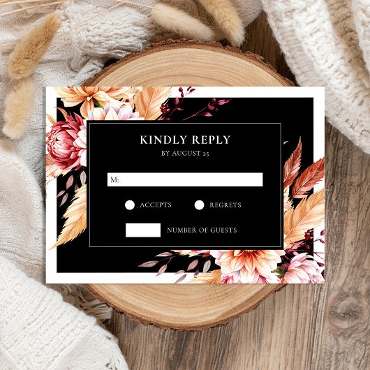 Elegante Black Boho Chic Floral Wedding RSVP Karte