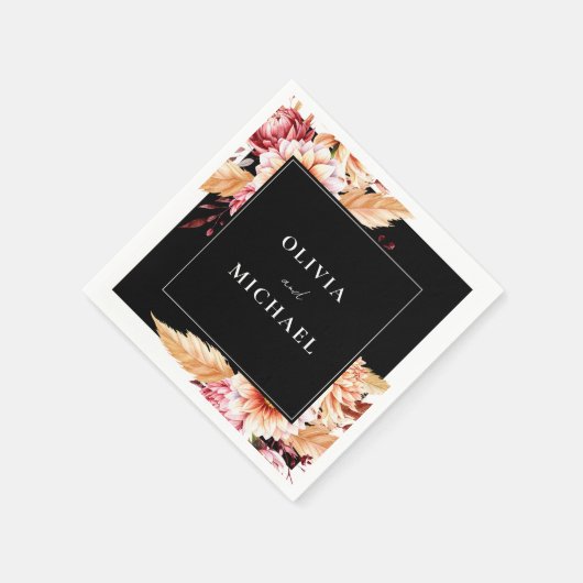 Elegante Black Boho Chic Floral Wedding Serviette (Ecke)