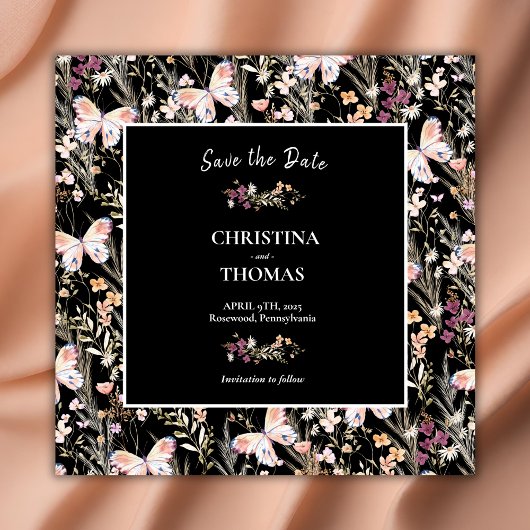 Elegante Black Boho Wildblumen Save the Date