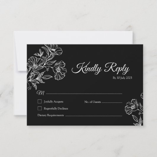 Elegante Black Botanical Line Art Wedding RSVP Kar Dankeskarte (Vorderseite)