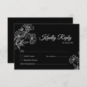 Elegante Black Botanical Line Art Wedding RSVP Kar Dankeskarte (Vorne/Hinten)