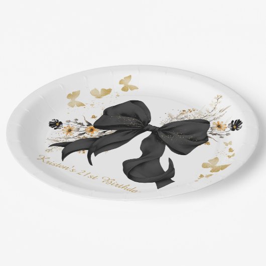 Elegante Black Bow Coquette Wildblumen Pappteller (Schrägansicht)
