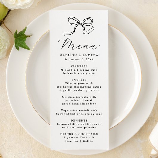 Elegante Black Bow Wedding Menükarte