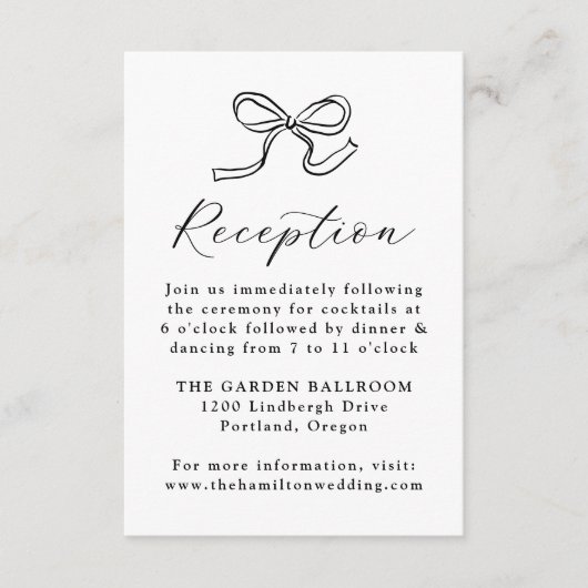 Elegante Black Bow Wedding Reception Begleitkarte (Vorderseite)