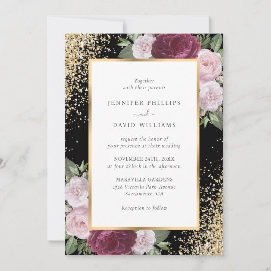 Elegante Black Burgundy Blush Gold Floral Wedding Einladung (Vorderseite)