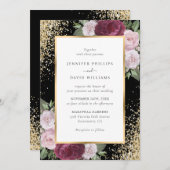 Elegante Black Burgundy Blush Gold Floral Wedding Einladung (Vorne/Hinten)
