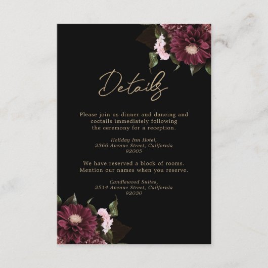 Elegante Black Burgundy Floral Wedding Begleitkarte (Vorderseite)