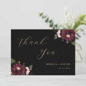 Elegante Black Burgundy Floral Wedding Dankeskarte (Stehend Vorderseite)