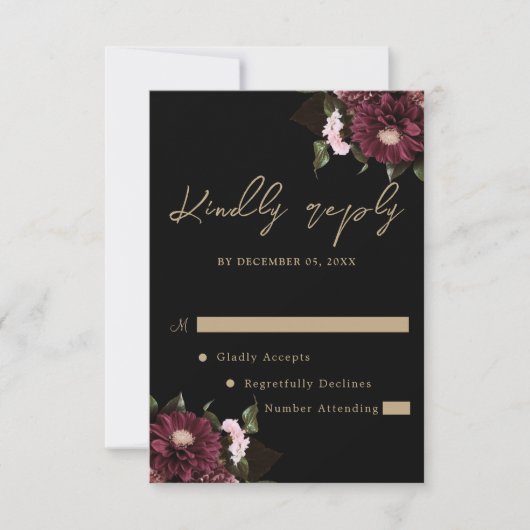 Elegante Black Burgundy Floral Wedding RSVP Karte (Vorderseite)