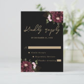 Elegante Black Burgundy Floral Wedding RSVP Karte (Stehend Vorderseite)