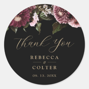 Elegante Black Burgundy Floral Wedding Runder Aufkleber