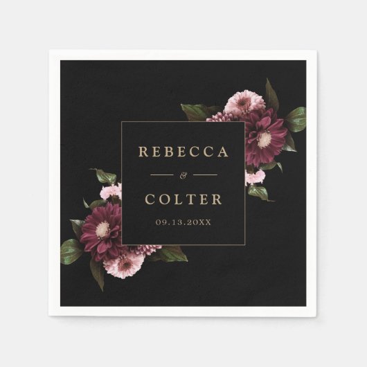 Elegante Black Burgundy Floral Wedding Serviette (Vorderseite)