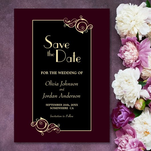 Elegante Black Burgundy Gold Wedding Save The Date