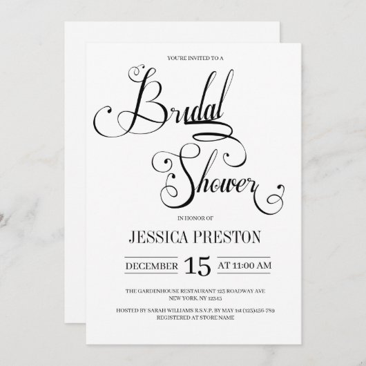Elegante Black Calligraphy Bridal Dusche Einladung (Vorne/Hinten)